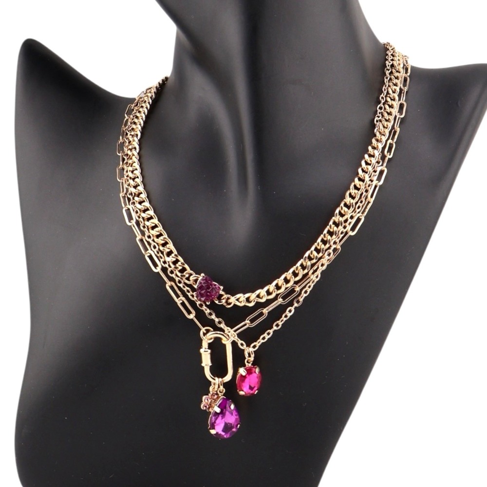The Limited Multi Chain Layered Necklace Purple Crystal Gold Tone NWT